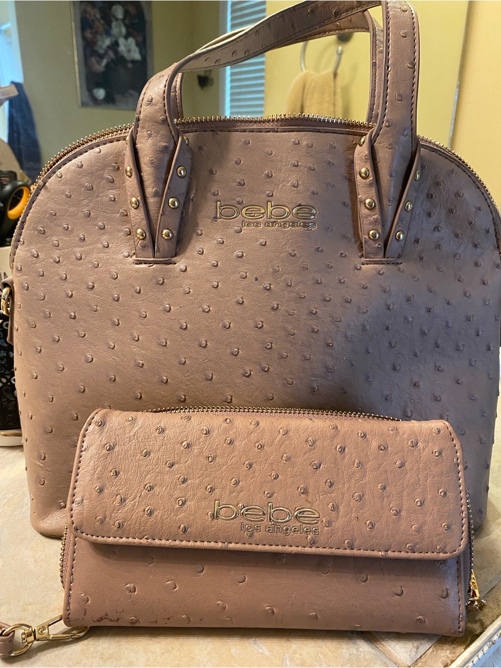 bebe Taupe Studded Dome Satchel with matching wallet
